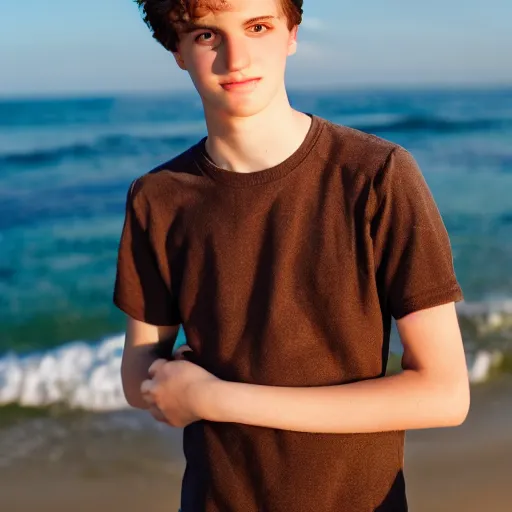 Prompt: portrait of a beautiful teenage boy around 2 0 yo. natural brown hair, pale skin. beach background. detailed face.