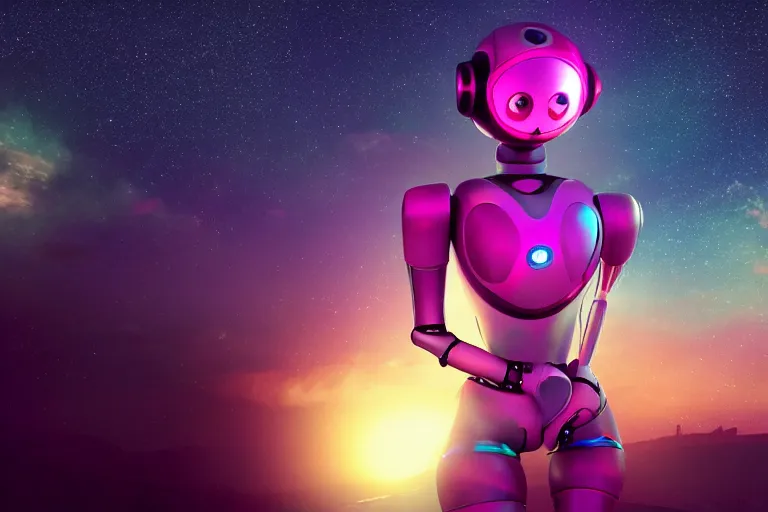 Image similar to a beautiful calm robot girl looking up to the stars, photograph, colorful background, render, 3 d, render, 8 k, 4 d,