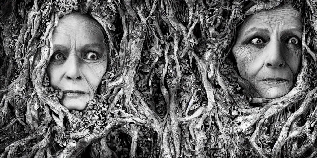 Image similar to photography of old ugly witch living in a root cave, edelweiss growing from her head, forest, dolomites, alpine, detailed intricate insanely detailed octane render, 8k artistic 1920s photography, photorealistic, black and white, chiaroscuro, hd, by David Cronenberg, Raphael, Caravaggio