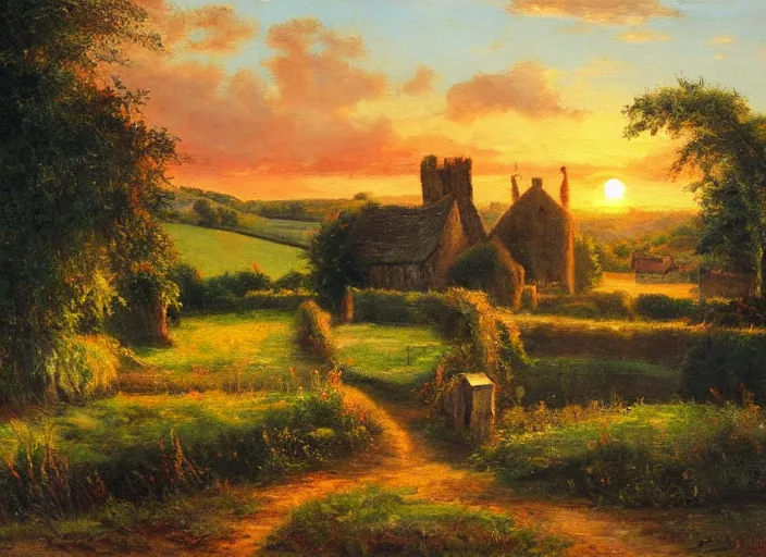 Prompt: beautiful oil landscape painting of an old quaint English village in the countryside, fields, sunset, ambient light, high detail