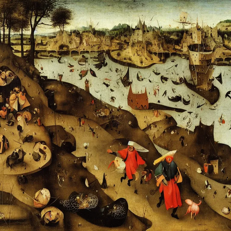 Prompt: The medium shot of three sarcastic mans with fishes running away with a small profit of money, Grim Reaper laughs and follow them, by Hieronymus Bosch and Pieter Bruegel, super detailed oil painting, proportional faces, hyper realistic, 4k, masterpiece