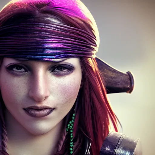 Image similar to a Swashbuckling pirate female with iridescent skin, bokeh, 8k