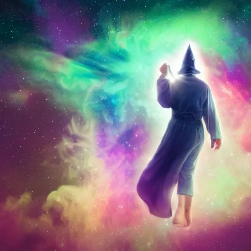 Image similar to Wizard floating through a nebula pondering their orb, highly detailed, featured