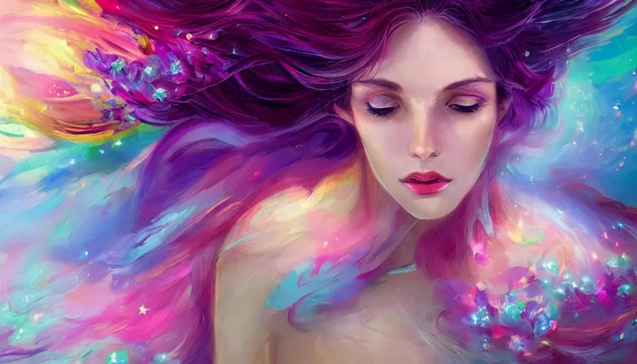 Image similar to a colorful and provenance portrait painting of a angel with her hugeflowers wings spread out gracefully, highly saturated colors, highly detailed, hair made of hair made of air wind and curling smoke, mist, dust, genie, flowers, flower, stars, spirit fantasy concept art, art by charlie bowater and aenami, trending on artstation.