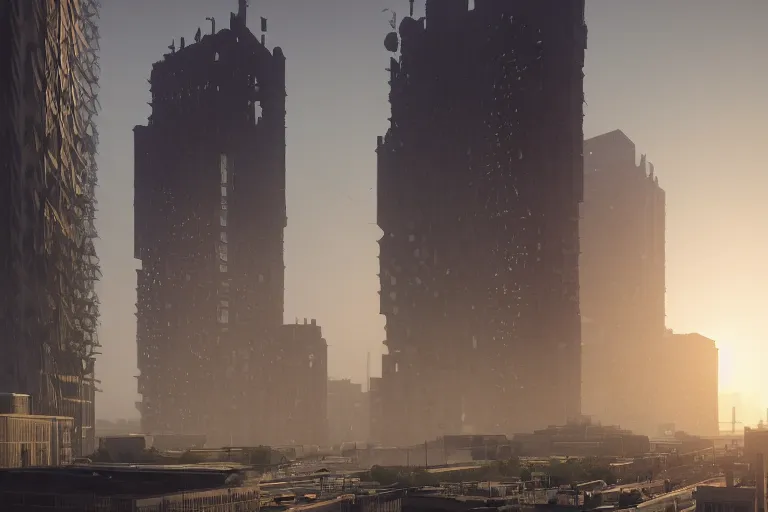 Image similar to streetscape, a towering cathedral of brutalist architecture, buildings covered with greebles, stunning volumetric light, sunset, metal, concrete and translucent material, stunning skies, majestic landscape, trending on Artstation, 8k, photorealistic, hyper detailed, unreal engine 5, IMAX quality, cinematic, epic lighting, in the style of Greg Rutkowski