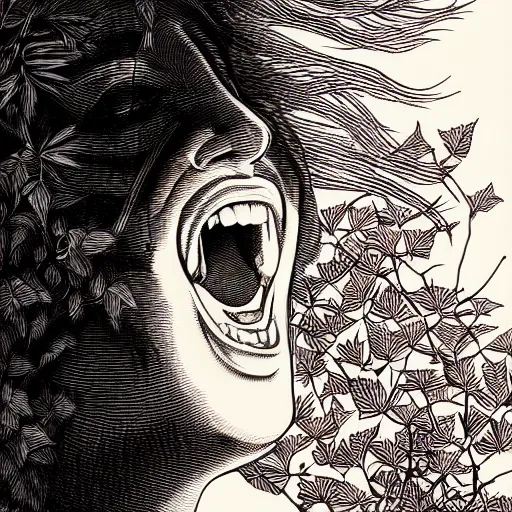 Image similar to Copper engraving of a woman screaming, ivy creeping around her face, artstation, intricate, 8k, award-winning