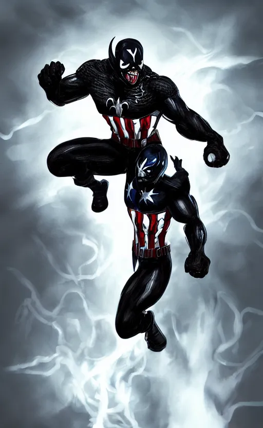 Image similar to full body portrait of venom as captain america, dynamic lighting, cinematic, ultra detailed, trending on art station, stunning visuals, creative, fantasy concept art