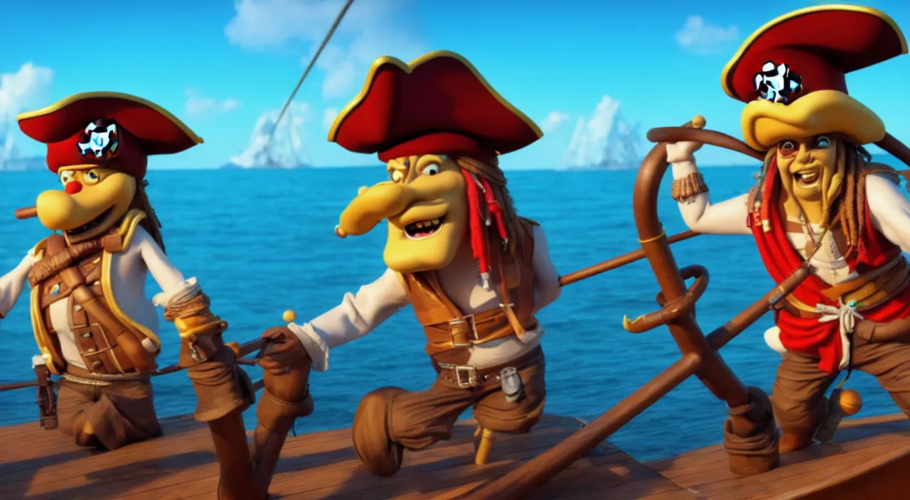 Image similar to a cartoonish pirate on a boat ready to conquer the island, highly detailed, photorealistic portrait, bright studio setting, studio lighting, crisp quality and light reflections, unreal engine 5 quality render