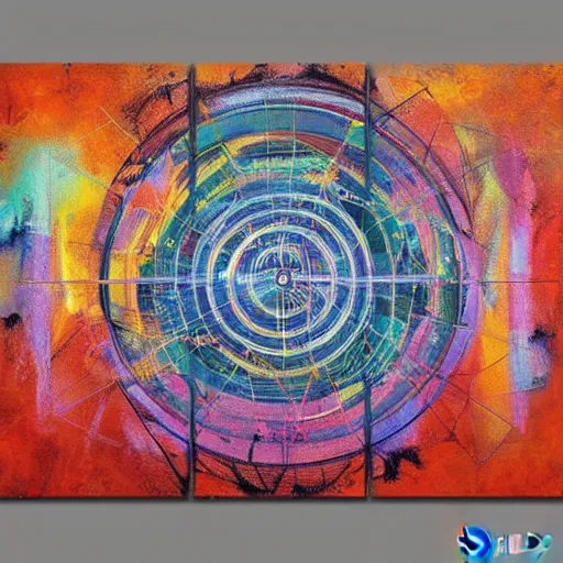 Image similar to elysium mothership retribution sacred geometry canvas carefully structured abstract expressionism painting overdue for being hung on a wall in a modern magical museum world painting on canvas by Eeee Aaa (2041)