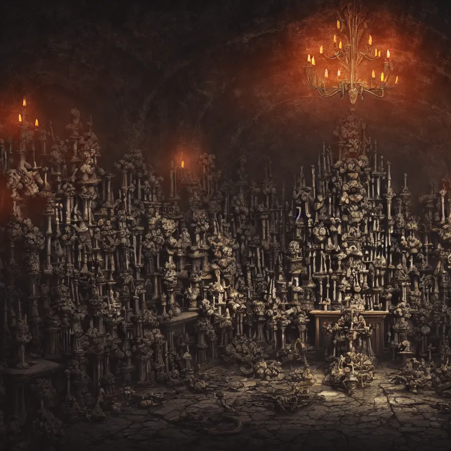 Image similar to full color, low ultrawide interior shot of sedlec ossuary, bones, anime style mixed with fujifilm, dark, foggy, atmospheric, artstation, cgsociety, octane render, cgi, denoise, detailed, cinematic masterpiece