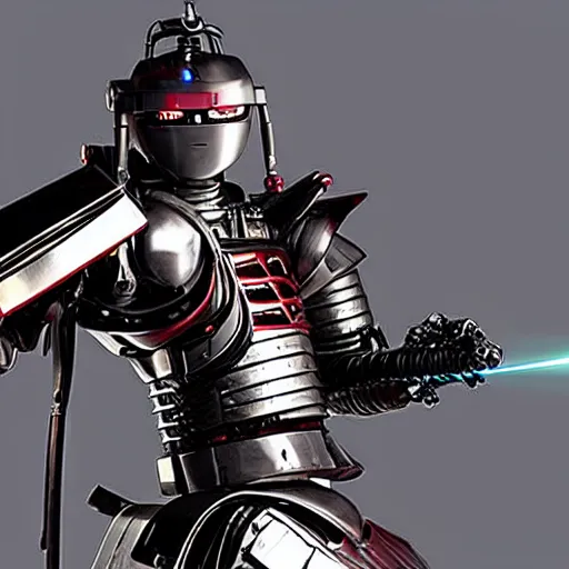 Prompt: photo of a robot samurai with a laser sword