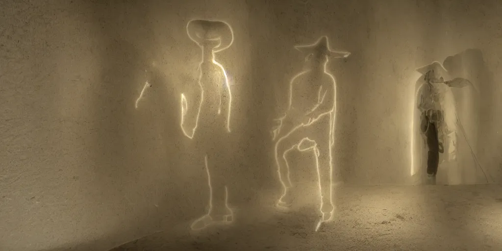 Prompt: a holographic translucent ghost cowboy in from of a tomb