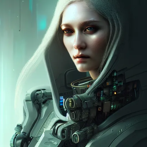 Image similar to cyberpunk robotic elvish queen, extremely detailed, hyperrealistic, intricate, soft light, fantasy, digital painting, art station, perfect faces, fine details, by wlop