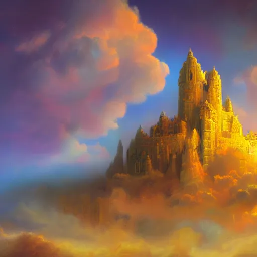 Image similar to a big fort made of glowing golden material, cosmic, surreal, photorealistic, clouds, oil painting, matte painting, 8 k,