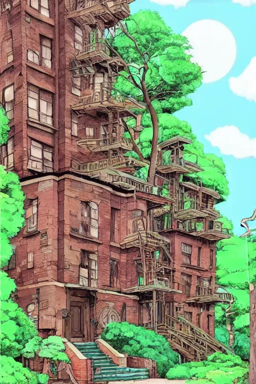 Image similar to (((((a ramshackle manhattan brick brownstone deep in the forest))))) by Studio Ghibli!!!!!!!!!!!!!!!!!!!!!!!!!!!