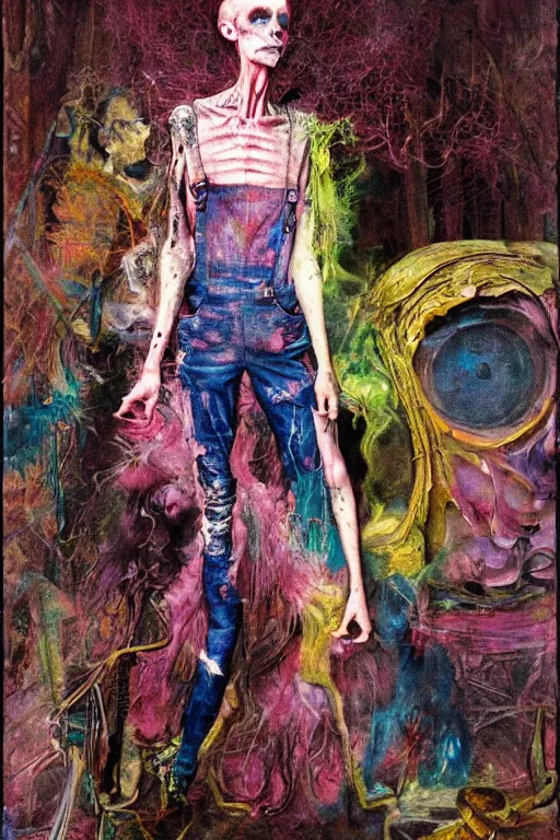 Prompt: an insane, skinny artist wearing torn overalls, expressively, physically fighting with a ghost inside a grand studio, depth of field, gothic, rich deep pink, blue and green colours, creepy, mystical, highly detailed and intricate, painted by francis bacon, and daniel merriam. 8 k masterpiece