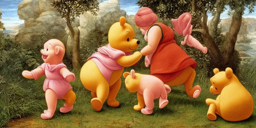 Image similar to A renaissance painting of winnie the pooh hunting piglet, high detail, hyper realistic,