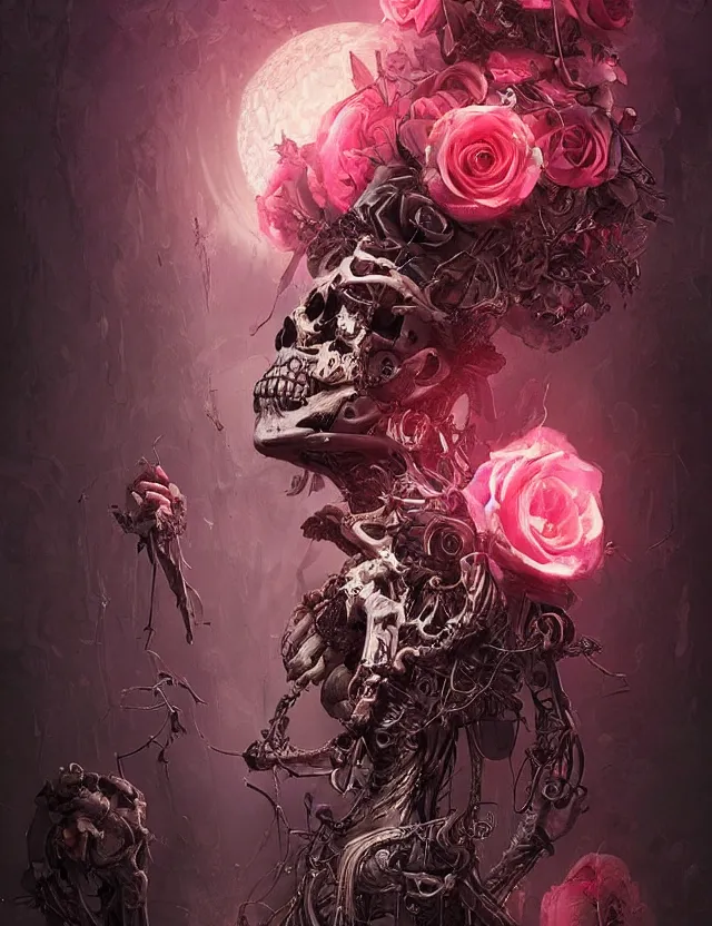 Image similar to a chaotic goddess of death skeleton as a heroine, intricate, elegant skull black rose s day of the dead atmospheric, dramatic, Trending on artstation. augmentations and cybernetic enhancements neon circuits, greg rutkowski , hyperrealist, cinema4D, 8k highly detailed