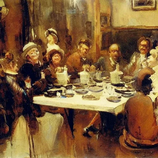 Prompt: a beautiful sculpture of a group of people gathered around a table in a tavern. they are all eating and drinking, and appear to be enjoying themselves. buff by arthur streeton playful, incredible