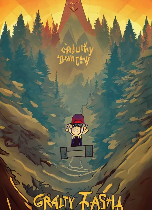 Prompt: Russian bootleg gravity falls poster, dramatic theming, mood lighting, unfortunate, hand painted cartoon art style, brutal, autumn, golden sunset, nostalgia, scenic, with text, 8k, award winning