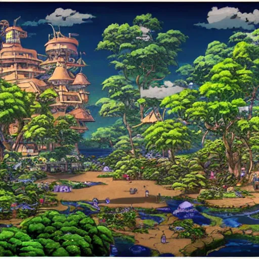 Image similar to photorealistic beautiful world of chrono trigger in the style of studio ghibli and tim white. hyperdetailed photorealism, 1 0 8 megapixels, amazing depth, glowing rich colors, powerful imagery, psychedelic overtones, 3 d finalrender, 3 d shading, cinematic lighting, artstation concept art