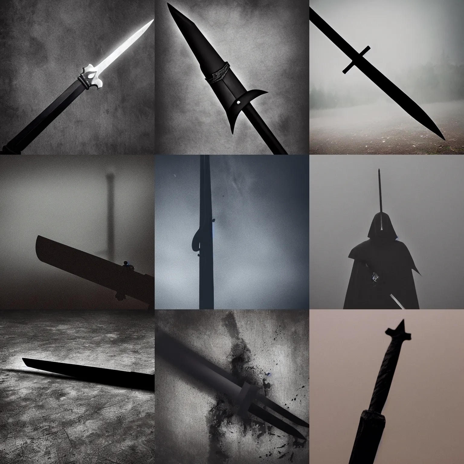 Prompt: a black sword surrounded by dark mist