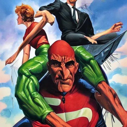 Prompt: hyperrealistic mr trash man comic book cover by alex ross with gouache and wash paints color