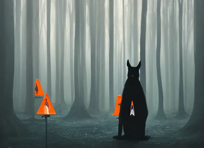 Image similar to a few orange safety cones in a beautiful strange forest a black fuzzy beast with long nose stands in the distance, cinematic painting by james jean, atomspheric lighting, moody lighting, dappled light, detailed, digital art, limited color palette, wes anderson, 2 4 mm lens, surreal