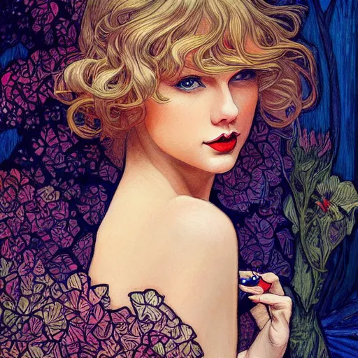 Prompt: romantic painted portrait of taylor swift by james jean, mucha, masterpiece