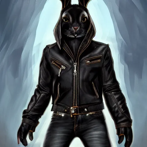 Image similar to A bunny with a small head wearing a fine intricate leather jacket and leather jeans and leather gloves, trending on FurAffinity, energetic, dynamic, digital art, highly detailed, FurAffinity, high quality, digital fantasy art, FurAffinity, favorite, character art