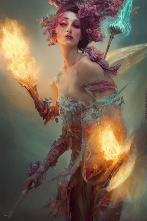 Image similar to beautiful girl necromancer, magical fairy exploding into flowers, angels, 3 d render, hyper - realistic detailed portrait, holding fire and electricity rainbow, ruan jia, wlop. scifi, fantasy, magic the gathering, hyper detailed, octane render, concept art, peter mohrbacher