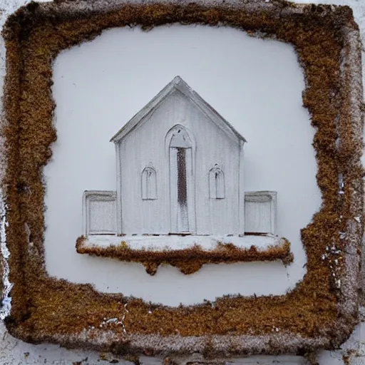 Image similar to oil on styrofoam crust - painting with melt of a small white country church in a corn field ( very sinister and sweet )