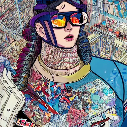 Prompt: hyper detailed comic illustration of a cyberpunk female ice hockey player wearing a futuristic sunglasses and a gorpcore jacket, markings on her face, habs jersey, by Josan Gonzalez and Geof Darrow, intricate details, vibrant, solid background, low angle fish eye lens