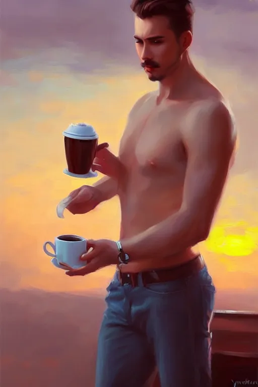 Image similar to attractive man drinking coffee, sunset, painting by vladimir volegov, ross tran, tom of finland, trending on artstation