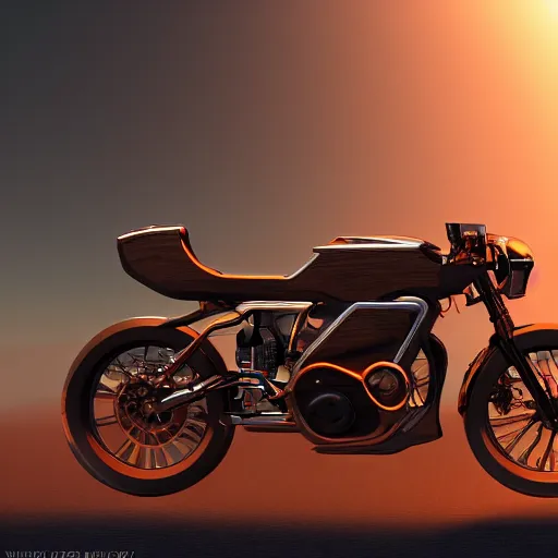 Prompt: extremely detailed motorcycle stunning sophisticated beautiful by cloneops on artstation, stunning volumetric light, sunset, metal and glass and translucent material, stunning skied, 8k