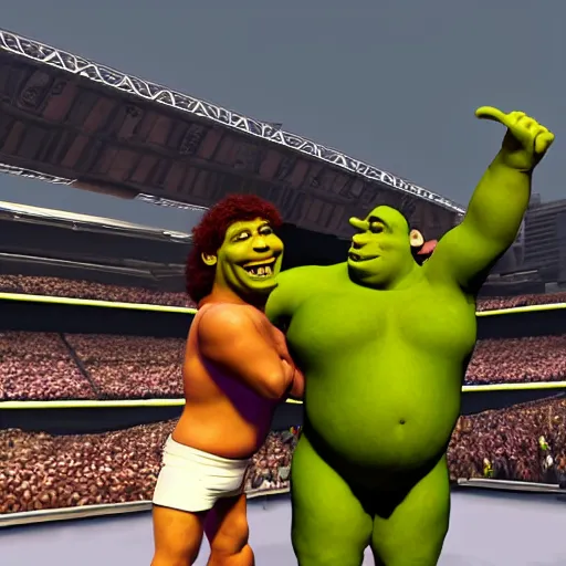 Image similar to shrek vs andre the giant at wrestlemania 8, high definition, 8k