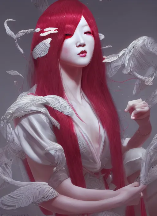 Image similar to albino maiko with very long fantasy hair, fluent composition, red and white neon, concept art, ambient light, 4 k, intricate details, highly professionally detailed, cgsociety, highly detailed -