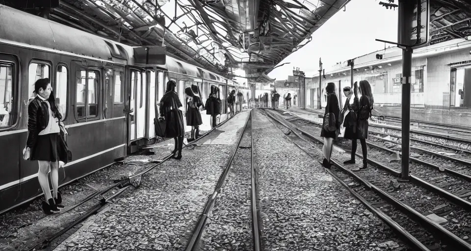 Prompt: School girls waiting on a urban train station, gloomy and misterious atmosphere