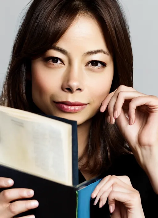 Prompt: kristin kreuk half korean actress wearing glasses holding a book on the cover of writers magazine, short hair, round face, photograph 8 k, magazine cover, depth of field