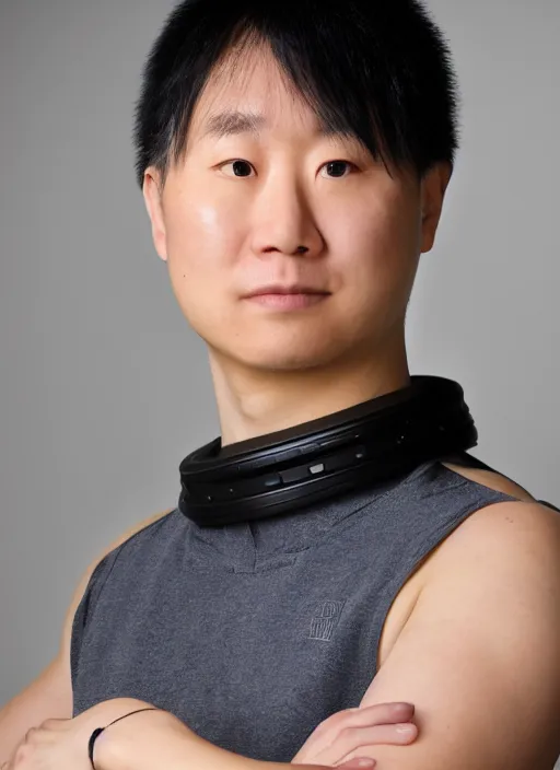 Prompt: Close upper body shot. Artistically angled subject. Professional studio portrait lighting. Wearing Technological DIY wearables designed by Ikeuchi Hiroto.