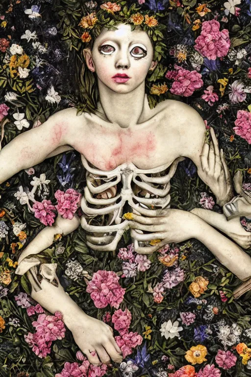 Image similar to a person lying among flowers and bones, large eyes and lips and is dreaming about mortality, HD Mixed media collage, depth of field, liminal space, highly detailed and intricate, surreal illustration in the style of Caravaggio, baroque dark art