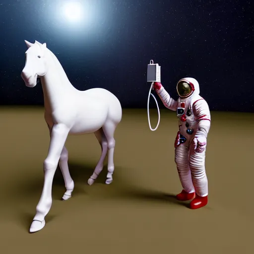Prompt: an astronaut standing on the ground and a small trippy aggressive centaur standing on that poor human being standing on all fours astronaut, really trying to ride it, the horse is on his shoulders and grabbing them, the astronaut is holding the legs with his arms, minimalist style, 3 d render, isometry