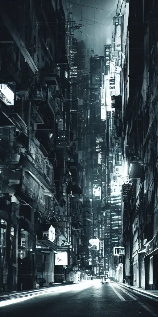 Prompt: street view of a dark cyber noir city, night, photoreal 35mm 8k photography