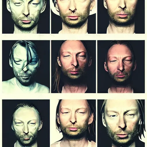 Image similar to overlapping sheets of random thom yorke versions, hyper realistic, many very random variations of thom yorke, various emotions, various poses, high quality photographs, mixed styles, intricate details, beautiful lighting, diverse