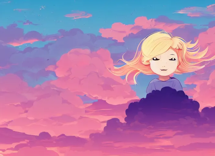 Image similar to a newborn baby with blonde hair lying on a cloud in front of a pink and blue sunrise sky. clean cel shaded vector art. shutterstock. behance hd by lois van baarle, artgerm, helen huang, by makoto shinkai and ilya kuvshinov, rossdraws, illustration, art by ilya kuvshinov