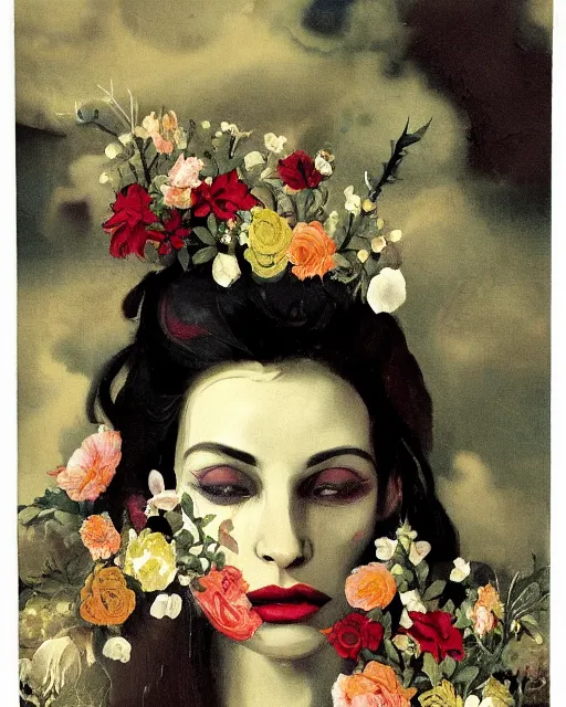 Prompt: a beautiful and eerie baroque painting of a beautiful but serious woman in dead space, with haunted eyes and dark hair piled on her head, 1 9 7 0 s, seventies, floral wallpaper, wilted flowers, a little blood, morning light showing injuries, delicate embellishments, painterly, offset printing technique, by robert henri, walter popp, alan lee