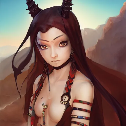 Image similar to portrait of a female berber mage, devil horns and black hair in a ponytail wearing a steel chestplate in a desert, half body, single subject, ambient lighting, highly detailed, digital painting, trending on pixiv fanbox, studio ghibli, extremely high quality artwork, art by ross tran and artgerm and makoto shinkai