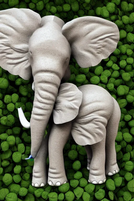 Image similar to ultra - realistic 3 d render of porcelain mother elephant and child elephants made of vines and infected with flowers, beautiful, elegant