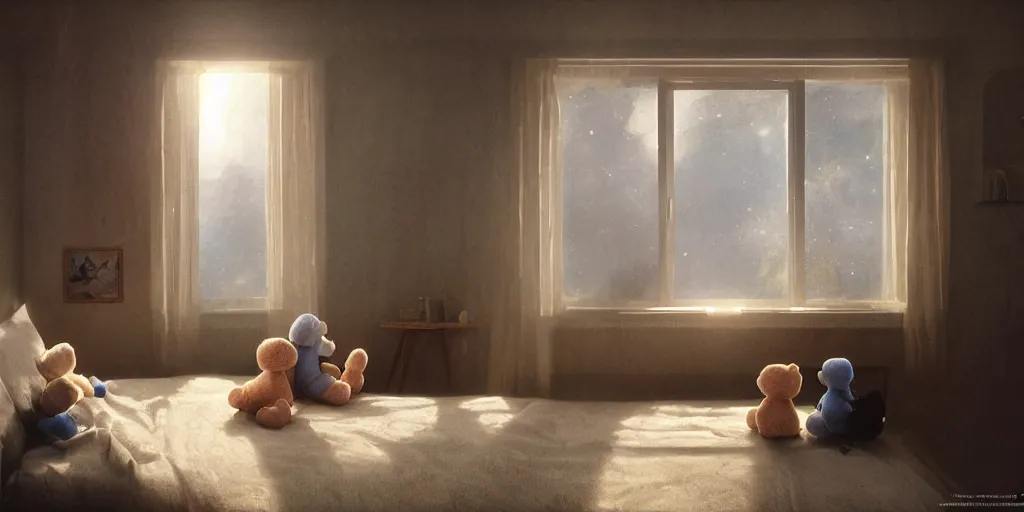 Image similar to a room with a bed, teddy bears and a window, a photorealistic painting by james paick, cgsociety, photorealism, volumetric lighting, matte painting, photorealistic