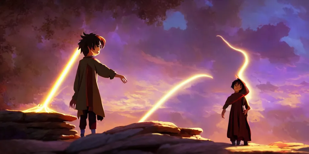 Prompt: a young boy mage with a brown cloak is standing at his desk working on a new spell, colorful, flowing energy, light rays, anime boy, boy, medium shot, waist up, pixar and disney animation, sharp, rendered in unreal engine 5, by greg rutkowski and makoto shinkai, bloom, dramatic lighting, cinematic